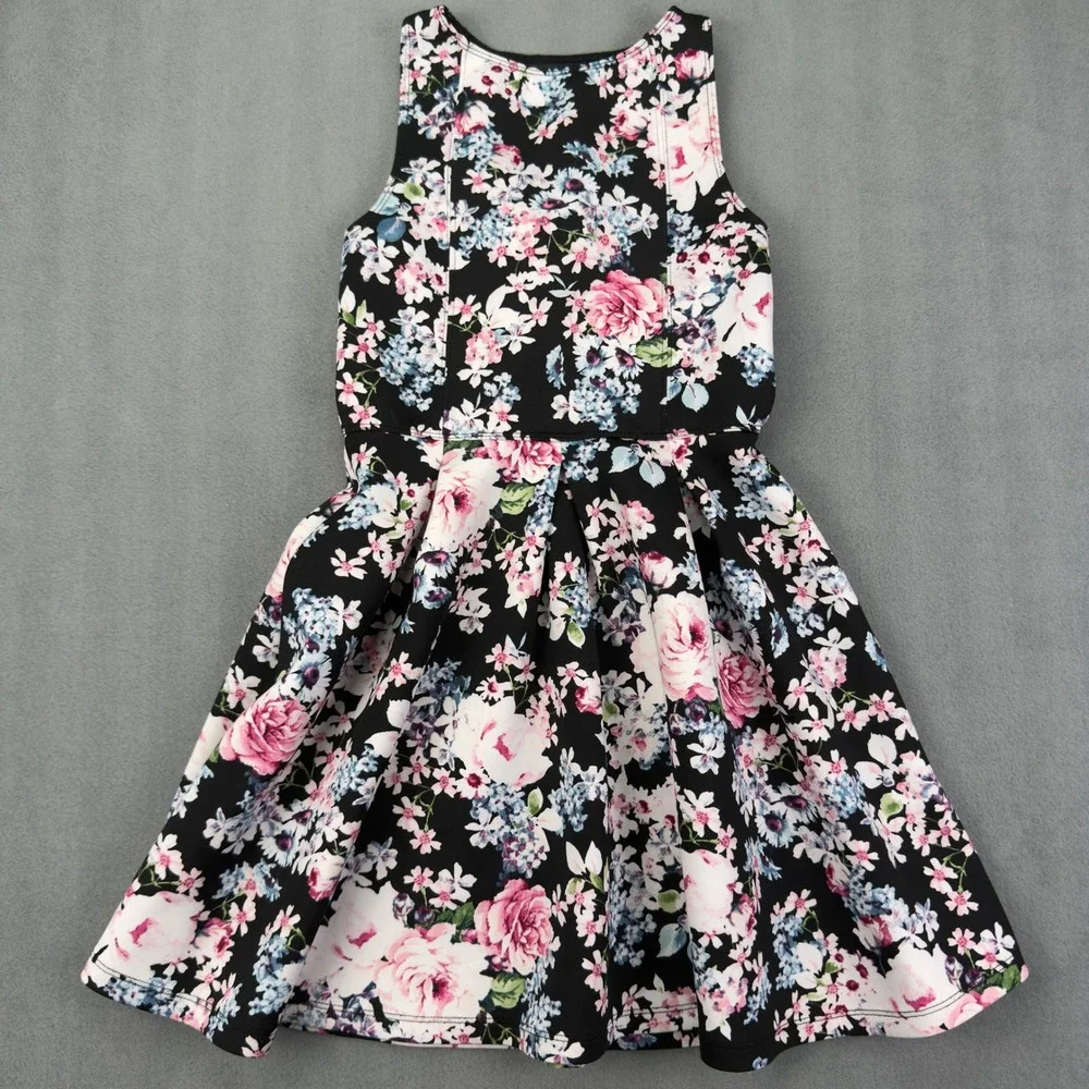 Abercrombie Kids Floral Fit and Flare Dress Size 9/10 Black Sleeveless Skater